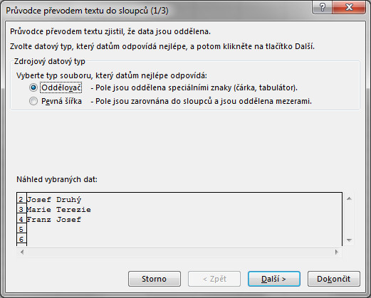 MS EXcel: Průvodce převodem textu do sloupců 