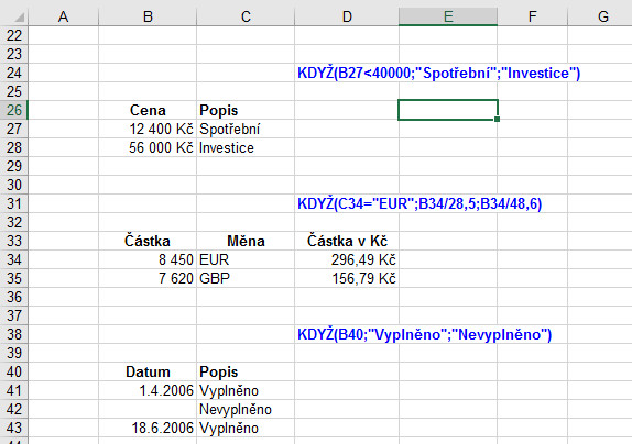 Praktické příklady použití funkce KDYŽ v Microsoft Excel